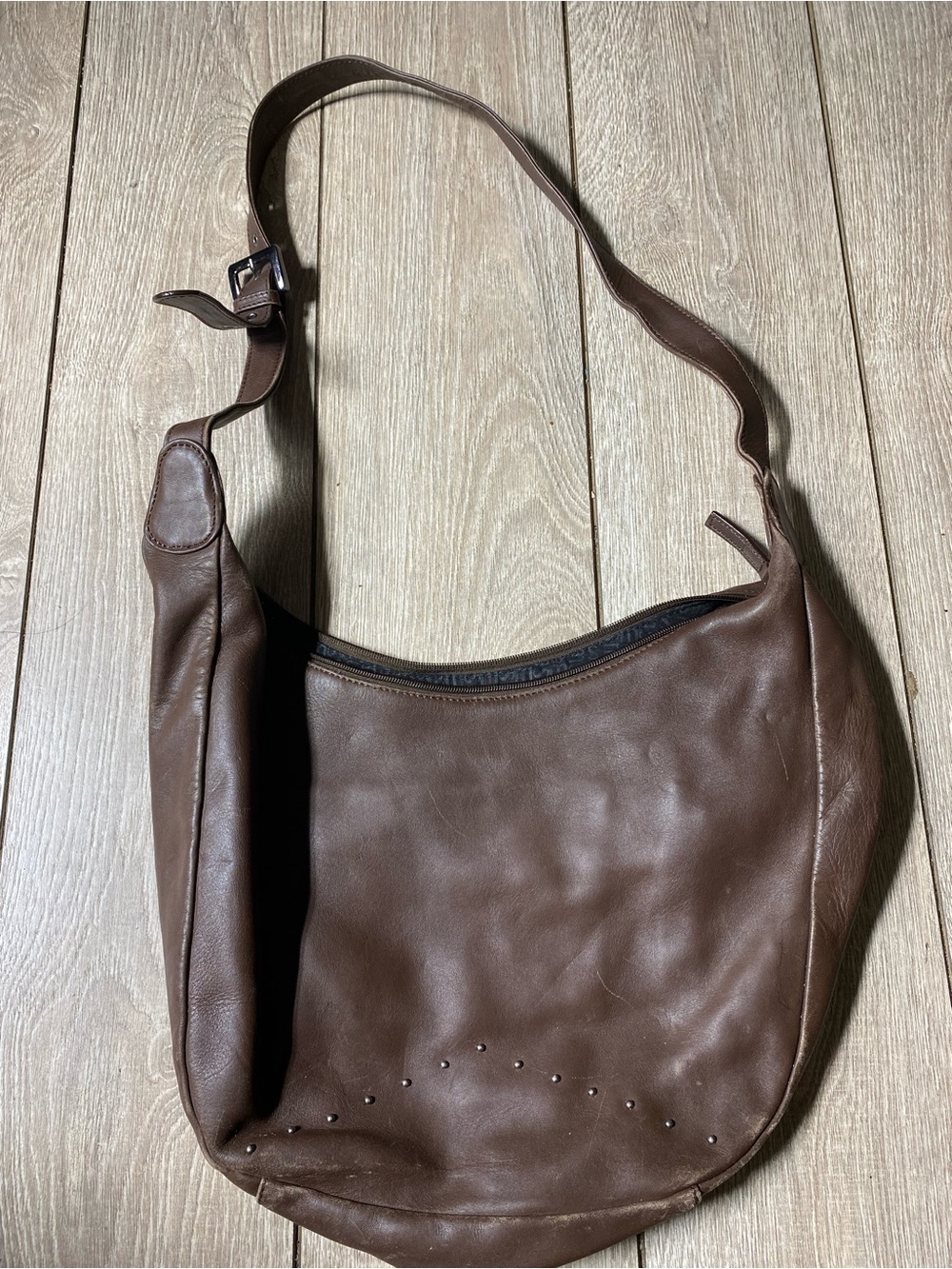 Stone Mountain Vintage Brown Leather Studded Crescent Hobo Bag Shoulder Purse